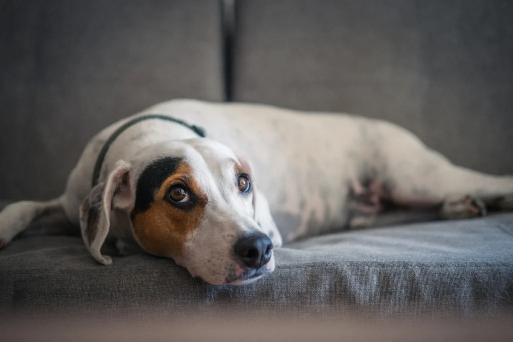A white and tan mixed-breed dog lies on a gray sofa.
