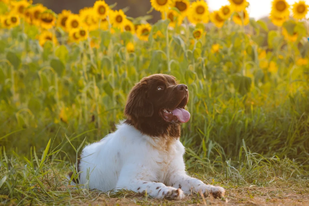 A large, brown and white dog lies in a field of grass, with a row of sunflowers in the blurred background.